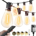 luckystyle 15FT LED Outdoor String Lights with Remote, 6+ 1 Shatterproof Bulbs Waterproof and Dimmable Patio Lights for Porch, Garden, Backyard, Deck, Balcony, 2200K Hanging Lighting