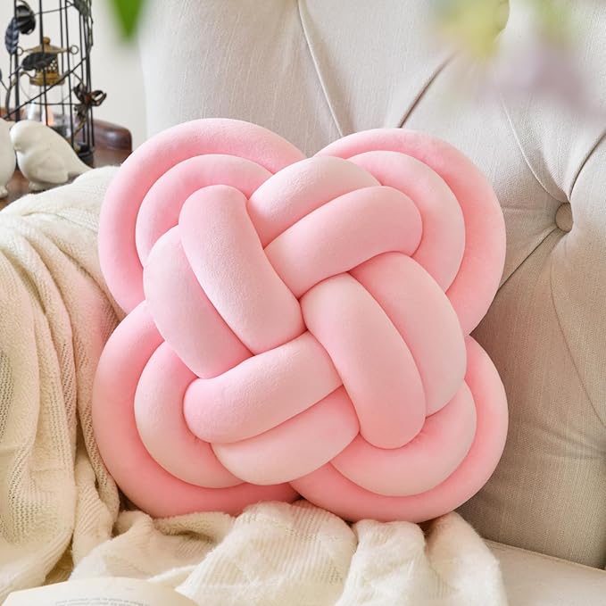 Xuyier Knot Pillow Ball, Decorative Throw Pillows with Velvet Fabric for Couch Bed, 12" Decor Knotted Square Floor Pillow Cushions for Living Room (12 Inches, Blush Pink)