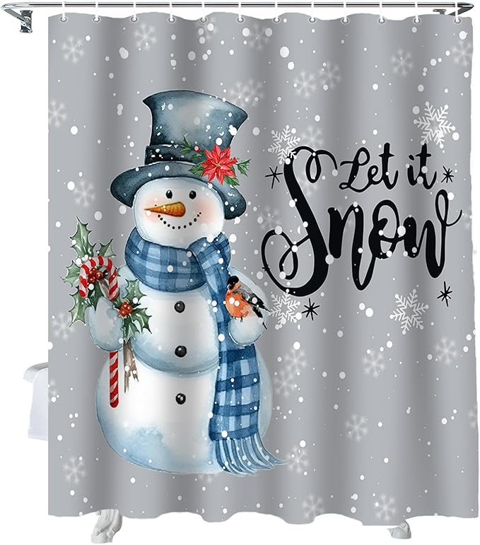 Vandarllin Snowman Christmas Shower Curtain, Let It Snow Winter Holiday Shower Curtains Set with Hooks, Grey White Waterproof Fabric Bathroom Curtains Decor Home Accessories,72 X 78 Inch Long