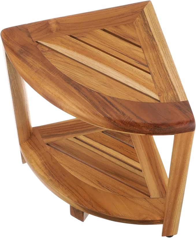 EcoDecors® SnazzyCorner® 18" Teak Wood Corner Shower Shelf in EarthyTeak Finish, Fully Assembled, for Bathroom & Outdoor Use
