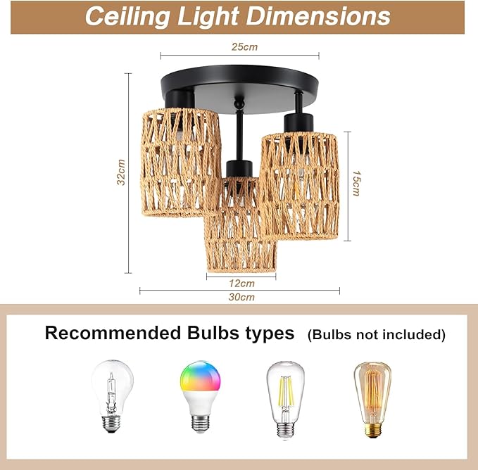 Boho Rattan Ceiling Light Fixture, Mini Rattan Chandelier Lighting Fixture, Hand Woven Ceiling Light Fixtures for Hallway Bedroom Kitchen Entryway Living Room (Brown)