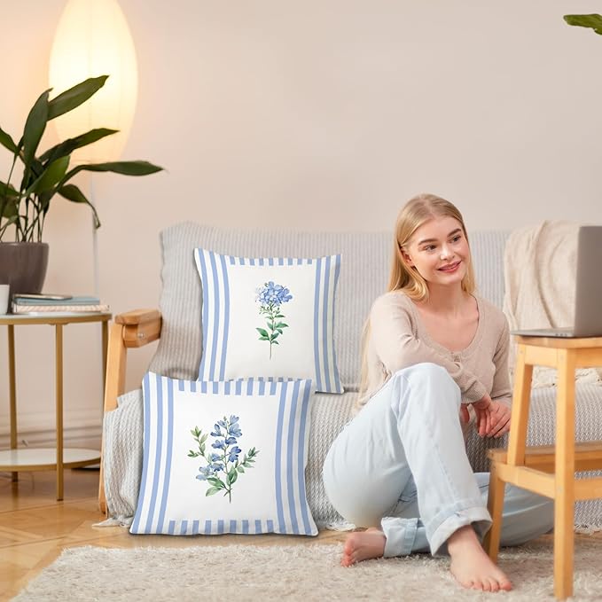 JINYO Vintage Blue and White Striped Floral Pillow Covers 18x18 Set of 4, Floral Decorative Throw Pillow Covers for Living Room Bedroom Home, Flower Room Decor