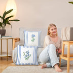 JINYO Vintage Blue and White Striped Floral Pillow Covers 18x18 Set of 4, Floral Decorative Throw Pillow Covers for Living Room Bedroom Home, Flower Room Decor