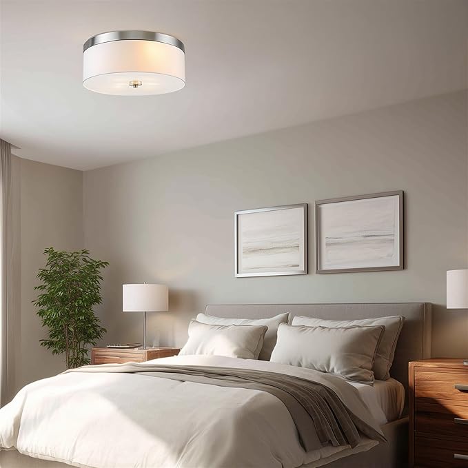 Kira Home Walker 15" Mid-Century Modern 3-Light Flush Mount Ceiling Light, White Fabric Shade + Round Glass Diffuser, Brushed Nickel Finish