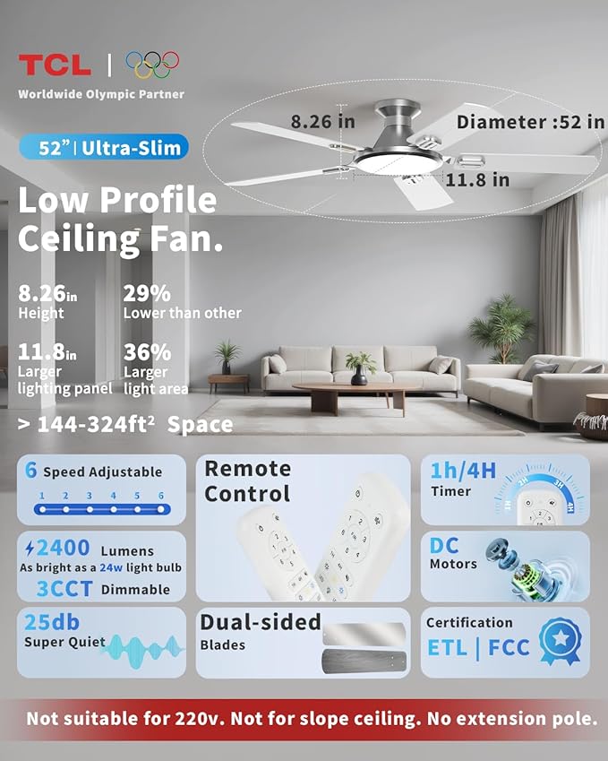TCL 52" Low Profile Ceiling Fan with Light, Slim, Silver, Flush Mount, DC Reversible Motor, 6 Speeds, Remote Control, Noiseless, Dimmable, LED Light, 3CCT, Modern Ceiling Fan for Bedroom Living Room