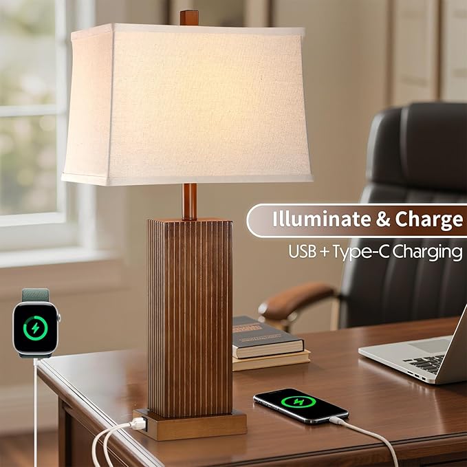 27.5" Wood Table Lamps Set of 2, Modern Farmhouse Bedroom Lamp for Nightstand with USB Charging Port, Natural Wooden Base Table Lamp for Living Room Bedroom, Bulbs Included (Walnut Wood)