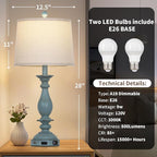 28" Tall Coastal Table Lamps for Living Room Set of 2, Farmhouse Rustic Blue Bedside Touch Lamp with USB C+A Ports & Outlet, 3-Way Dimmable Resin Nightstand Lamps for Bedroom Side End Table