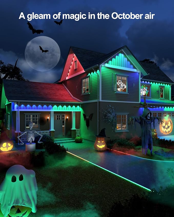 ASAHOM AI Permanent Outdoor Lights S107D, 200FT with 144 RGBCW LED Lights and Dual Output, 30,000 Lighting Effect Combination, IP67 Waterproof for House Halloween Christmas and Daily Decoration, Black