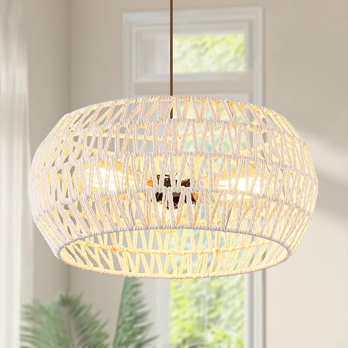 Boho Pendant Light,Dinning Room Light Fixture Rattan Chandelier Cream White Hanging Light Ceiling Mount Hand Woven Lamp Shade Bohemian Drum Chandelier Basket Light for Bedroom Kitchen Island Hallway