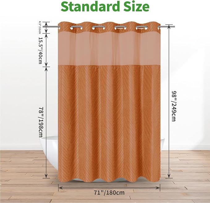 no Hook Shower Curtain and Liner Set，Boho Style with See Through Top Window, BurntOrange Fabric Tufted Striped Textured Outer Curtain & Waterproof Inner Liner, Orange, 71Wx98H