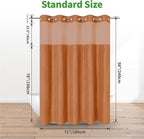 no Hook Shower Curtain and Liner Set，Boho Style with See Through Top Window, BurntOrange Fabric Tufted Striped Textured Outer Curtain & Waterproof Inner Liner, Orange, 71Wx98H