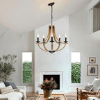 Farmhouse Chandeliers for Dining Room Light Fixture, 5-Light 24 inch Faux Wood Texture Hanging Lighting Fixtures, Rustic Candle Chandeliers for Living Room Kitchen Island Foyer Entryway