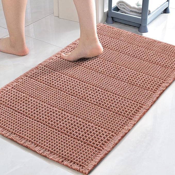 H.VERSAILTEX Upgraded Waffle Bath Mat Super Absorbent Bathroom Mats Non Slip Bath Rugs for Bathroom Floor Machine Washable Dry Fast Bathroom Rugs for Beside Tub, 17" x 24", Soft Pink