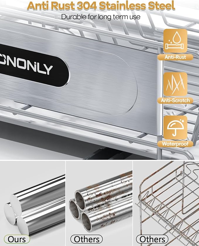 Dish Drying Rack, Dish Racks for Kitchen Counter, 304 Stainless Steel Dish Drainer Drainboard Set with Smart Drainage, 360° Adjustable Spout, Utensil Holder and Cup Holder, White