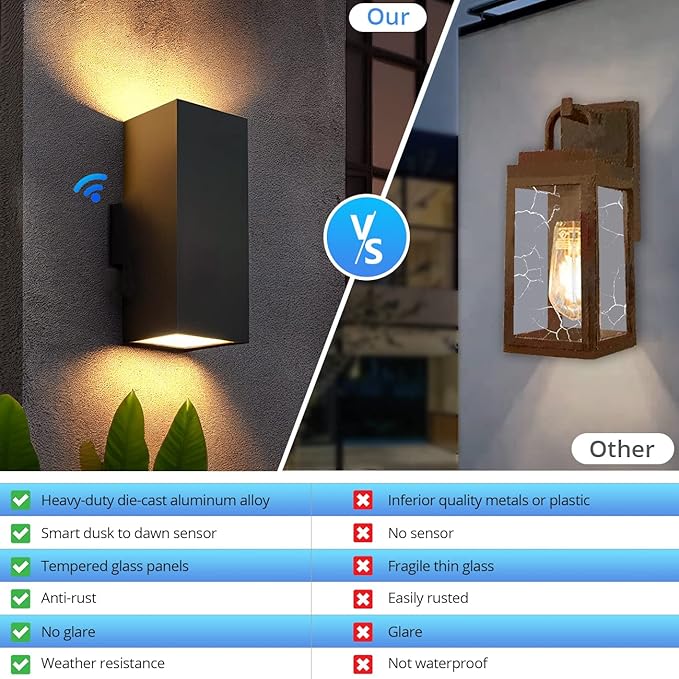 wowlite Outdoor Wall Lights Dusk to Dawn Sensor, 6000K Cool LED Up Down Sconce, IP65 Waterproof 13" Modern Square Matte Black Exterior Light Fixture Wall Mount for Porch Patio Garage, ETL Listed
