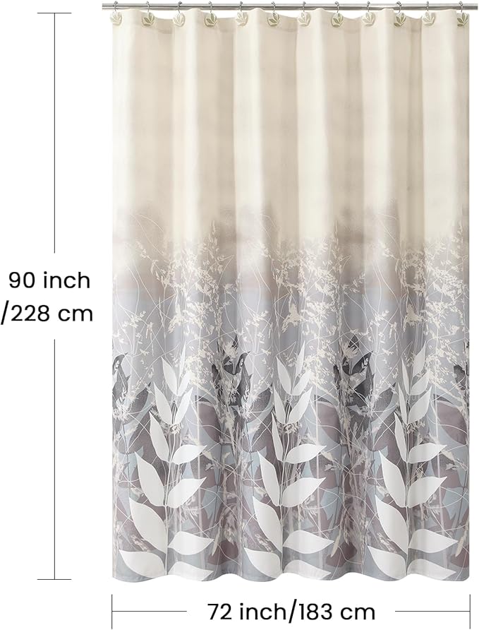 Shower Curtain 72x90 Inch Extra Long Length, Polyester Fabric | Waterproof Botanical Design with Cream & Taupe-Grey Leaves