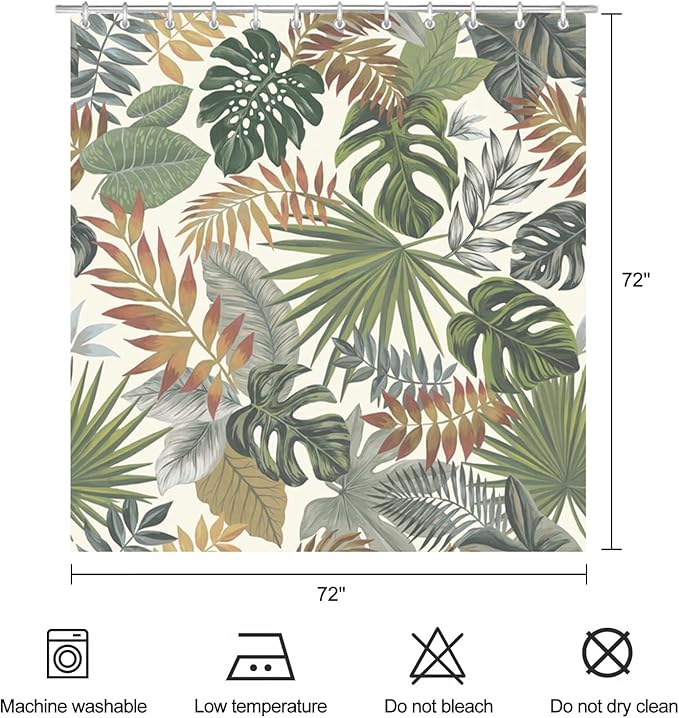 Tropical Leaves Shower Curtain Yellow Green Palm Monstera Leaf Shower Curtains for Bathroom Waterproof Polyester Fabric Bathroom Curtain 72 x 72 Inch with 12 Plastic Hooks