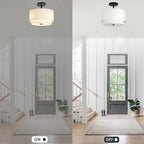 3-Light Semi Flush Mount Ceiling Light Fixture,12.6inch Modern Close to Ceiling Light with 2-Layer White Drum Fabric Shade,Entryway Light Fixture Ceiling Mount Lamps for Bedroom Dining Room