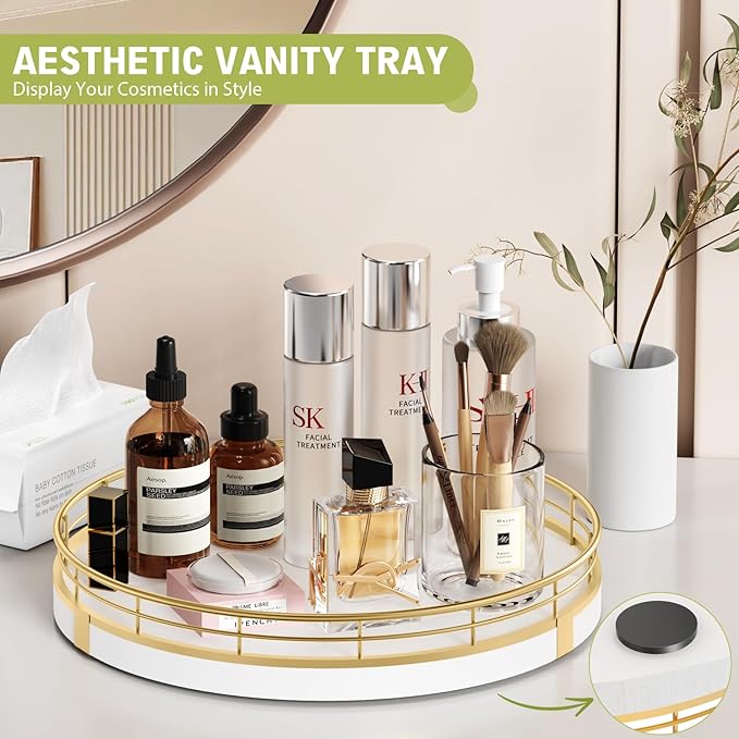 Bathroom Vanity Tray Wood - 10" Round Bathroom Tray Countertop, Holds Perfume Soap Dispenser Cosmetics Key Trinket Ring - Decor Counter Tray for Kitchen Nightstand Entryway, White and Gold
