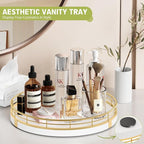 Bathroom Vanity Tray Wood - 10" Round Bathroom Tray Countertop, Holds Perfume Soap Dispenser Cosmetics Key Trinket Ring - Decor Counter Tray for Kitchen Nightstand Entryway, White and Gold