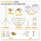 Gold Bubble Chandelier Lighting Dia 20" Swirled Clear Ribbed Hand Blown Glass Ball Chandeliers Hanging Decorative Light Fixture for Living Room Hallway Entryway Foyer Dining Room