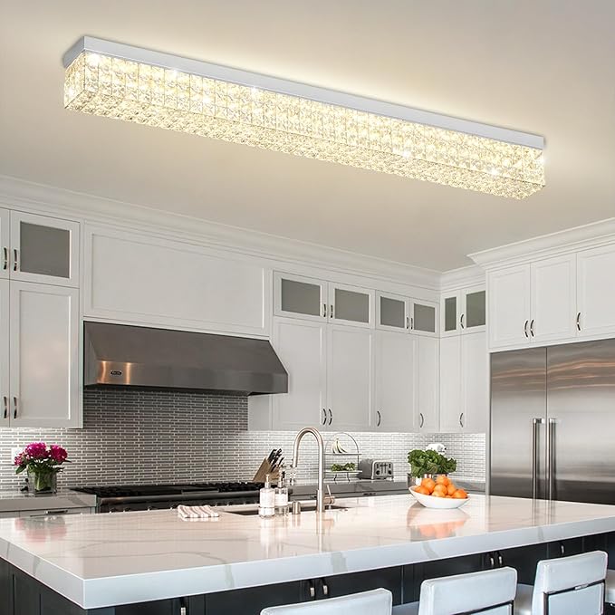 L48 Rectangular Chandelier Flush Mount Rectangle Chandelier Modern K9 Crystal Chandeliers Light Fixture for Dining Room Bedroom Bar Silver Crystal Ceiling Lights