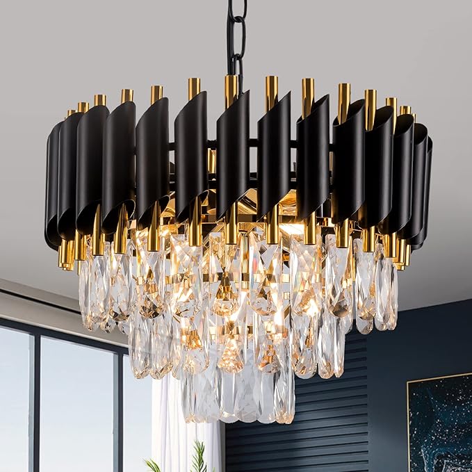 3-Tier Black Gold Crystal Chandelier 5-Light 15’’ Modern Crystal Pendant Chandelier Ceiling Light Fixture Hanging Lighting for Kitchen Island Dining Room Foyer Entryway Bedroom