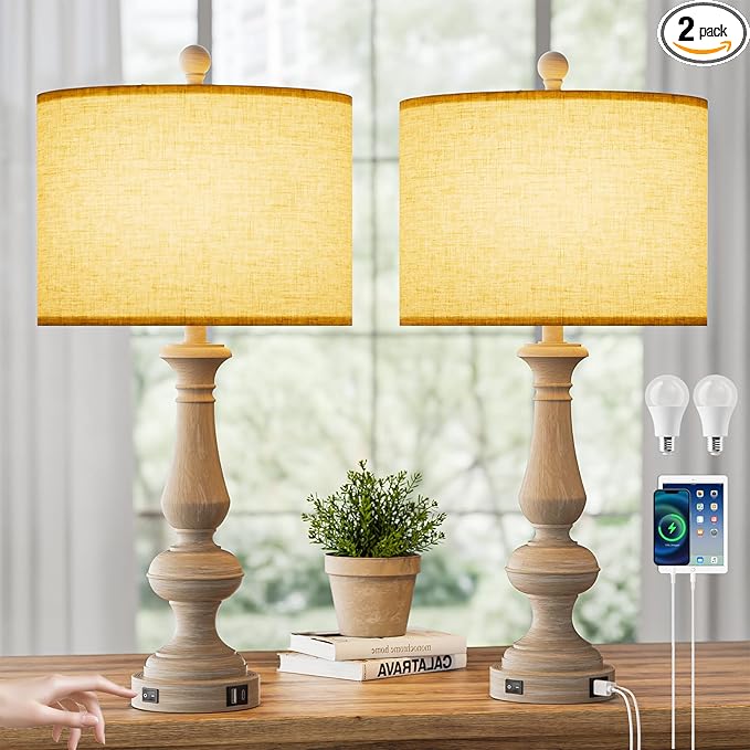 26" Farmhouse Resin Table Lamp for Bedroom Set of 2, Retro Bedside Lamps for Nightstand with USB C+A Ports, 3 Color Temperature Desk Lamp, Vintage Table Lamps for Living Room (2 Bulbs Included)