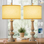 26" Farmhouse Resin Table Lamp for Bedroom Set of 2, Retro Bedside Lamps for Nightstand with USB C+A Ports, 3 Color Temperature Desk Lamp, Vintage Table Lamps for Living Room (2 Bulbs Included)
