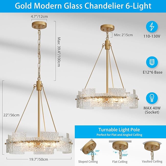 XINGQI Gold Chandelier Modern Farmhouse 6-Light 19.7" Water Ripple Glass Drum Chandeliers Height Adjustable Rustic Pendant Lighting Fixture for Dining Room Living Room Kitchen Island Bedroom
