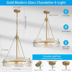 XINGQI Gold Chandelier Modern Farmhouse 6-Light 19.7" Water Ripple Glass Drum Chandeliers Height Adjustable Rustic Pendant Lighting Fixture for Dining Room Living Room Kitchen Island Bedroom