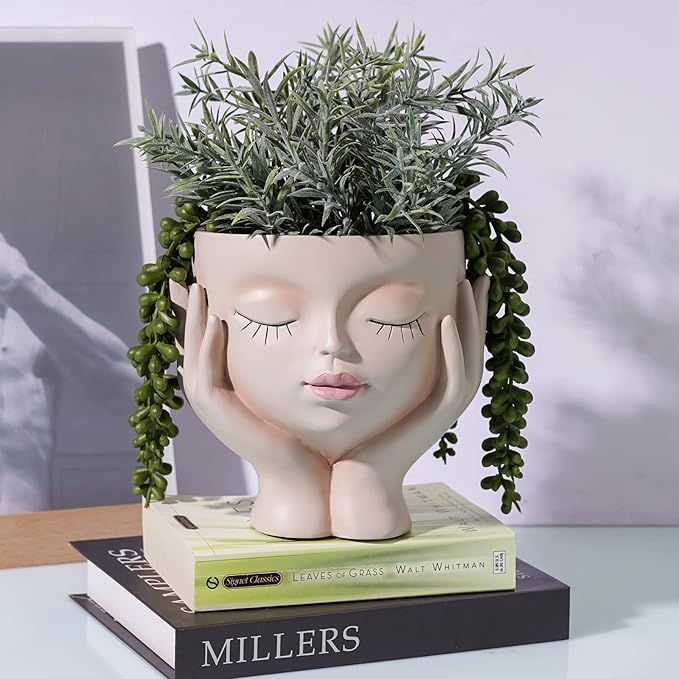 Face Planter Pots for Indoor Plants, Resin Cute Face Flower Pot for Indoor Outdoor Plants with Drainage Hole, Closed Eyes 5.3" Dia 6.3" Tall