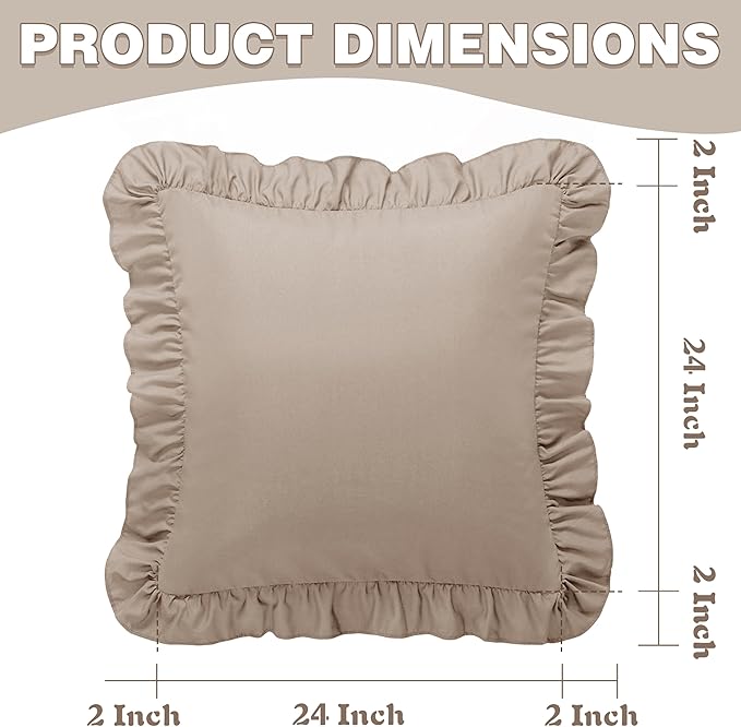 KKJIAF Ruffle Pillow Cases 24x24 Inches, Khaki Square Ruffled Pillow Covers Set of 2, Microfiber Wrinkle Resistant Pillow Shams with Envelope Closure for Sofa Bed Living Room