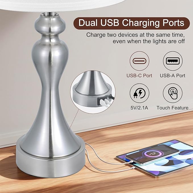 Seealle Touch Lamps for Night Stands - Bedside Lamps Set of 2, 3 Way Dimmable, USB C+A for Bedroom & End Tables (White&Nickel)