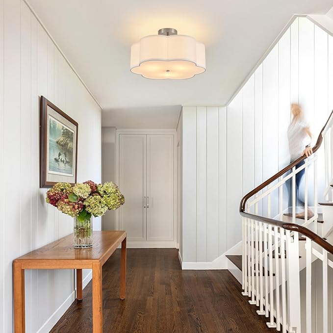 18" Modern Semi Flush Mount Ceiling Light Modern 3-Lights Linen Drum Ceiling Lighting with Chrome Finish, Vintage Ceiling Light for Living Room, Kitchen, Basement, Laundry Room, Bedroom