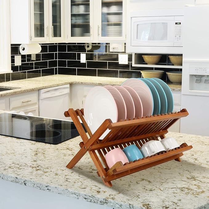 Utoplike Teak Dish Drainer Rack Collapsible 2 Tier Dish Rack Dish Drying Rack Foldable Plate Organizer Holder for Kitchen Compact