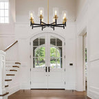 8 Light Gold Chandelier for Dining Room Light Fixtures Black & Brushed Brass Modern Farmhouse Chandelier Industrial Hanging Pendant Lighting for Living Room Kitchen with Glass Shade