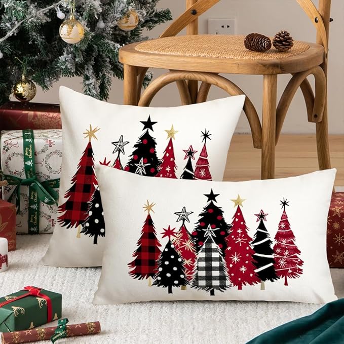 AACORS Christmas Pillow Cover 20X20 Set of 2, Watercolor Christmas Tree Stars Decoration Holiday Farmhouse Winter Pillow Case for Sofa Couch Decor AA651-20-2
