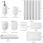 8-Piece White Bathroom Set - Resin Bathroom Accessories Sets Complete with Shower Curtain and Rugs, Soap Dispenser, Toothbrush Holder, Cup, Tray & Cotton Swab Jars