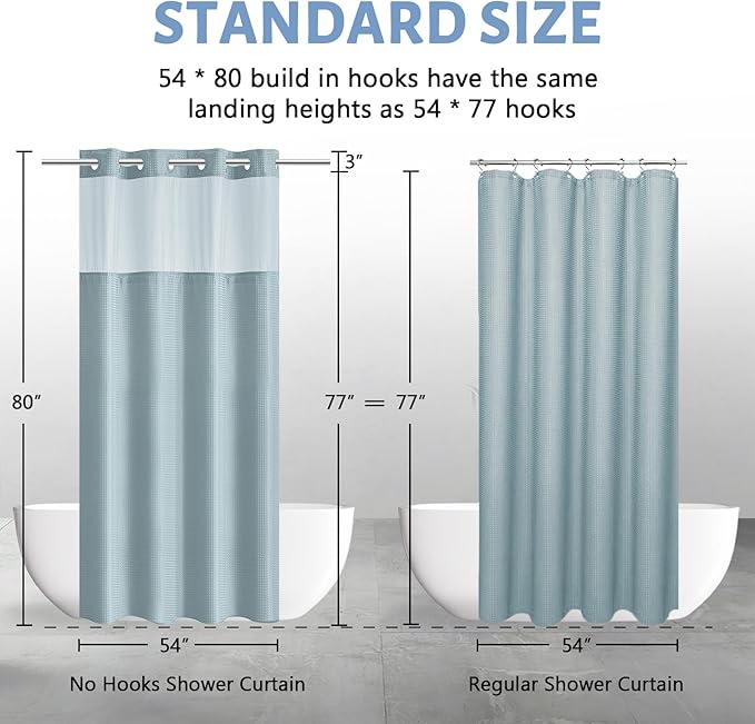 54x80 Shower Curtain for Small Bathrooms,No Hook Design Fits Low Ceiling,Waterproof Fabric with 80" Extra Long Magnetic Hem,Fog Blue Waffle Weave and Machine Washable Hotel Grade.