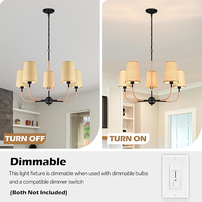 28" Black Boho Rattan Chandelier for Living Room 5-Light Coastal Boho Pendant Light Fixture Bedroom Adjustable Rustic Farmhouse Chandeliers for Dining Room Kitchen Island Foyer Entryway