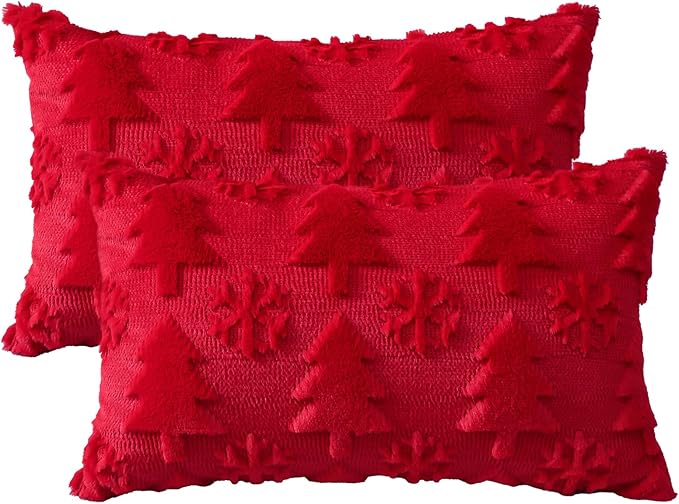 OTOSTAR Set of 2 Xmas Soft Plush Short Wool Velvet Decorative Throw Pillow Covers Rectangular Luxury Style Cushion Case Pillow Shell for Sofa Bedroom Tree and Snowflake Red, 12x20 Inch