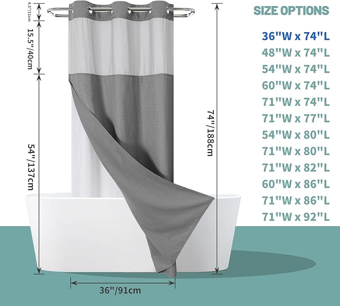 Grey No Hook Waffle Weave Shower Curtain with snap-in Liner Replacement, 230GSM Waterproof Fabric Hotel Shower Curtain Set for Bathroom, Through Mesh Top Window,36Wx74H