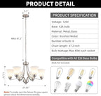 6 Lights Brushed Nickel Dining Room Light Fixture Farmhouse Modern Chandelier Pendant Light Silver Adjustable Ceiling Hanging Lighting with Frosted Glass for Kitchen Island Living Room Foyer