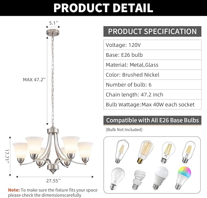 6 Lights Brushed Nickel Dining Room Light Fixture Farmhouse Modern Chandelier Pendant Light Silver Adjustable Ceiling Hanging Lighting with Frosted Glass for Kitchen Island Living Room Foyer