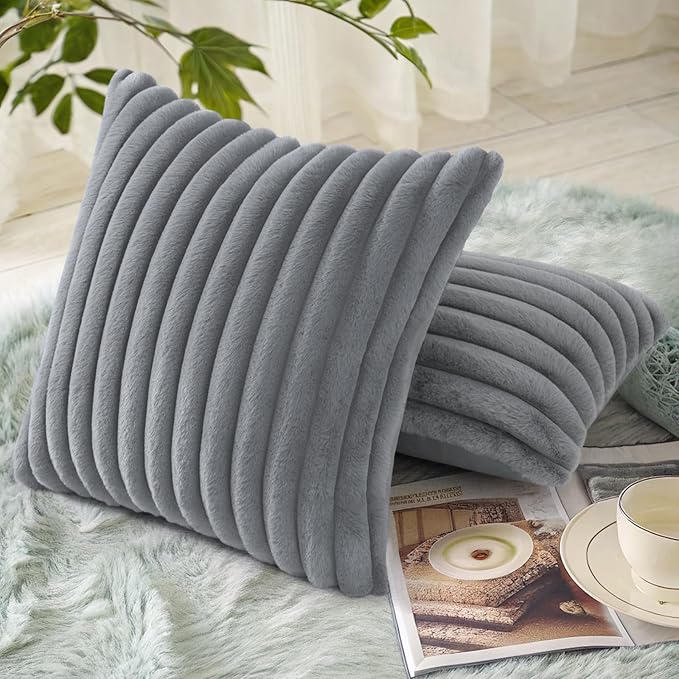 decorUhome Faux Fur Throw Pillow Covers 20x20 Set of 2, Decorative Soft Plush Striped Neutral Couch Euro Pillow Covers with Velvet Back for Sofa, Bed, Living Room Home Decor, Grey