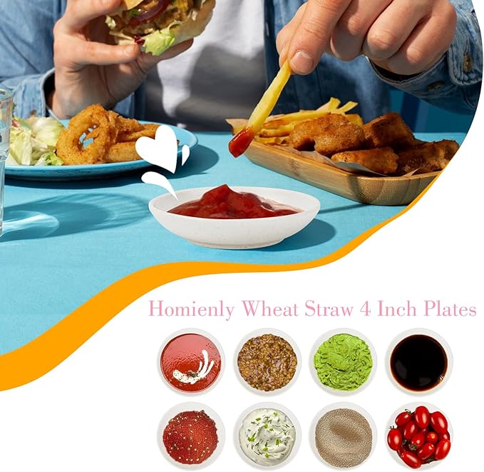 Plastic Dipping Set of 8 - 4 inch Wheat Straw Plates, Soy Sauce Dish, Dipping Bowls, Mini Appetizer Plates for Side Dishes, Condiment, BBQ and Party Dinner - White