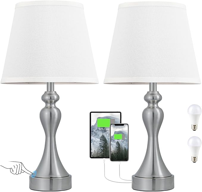 Seealle Touch Lamps for Night Stands - Bedside Lamps Set of 2, 3 Way Dimmable, USB C+A for Bedroom & End Tables (White&Nickel)