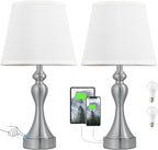 Seealle Touch Lamps for Night Stands - Bedside Lamps Set of 2, 3 Way Dimmable, USB C+A for Bedroom & End Tables (White&Nickel)