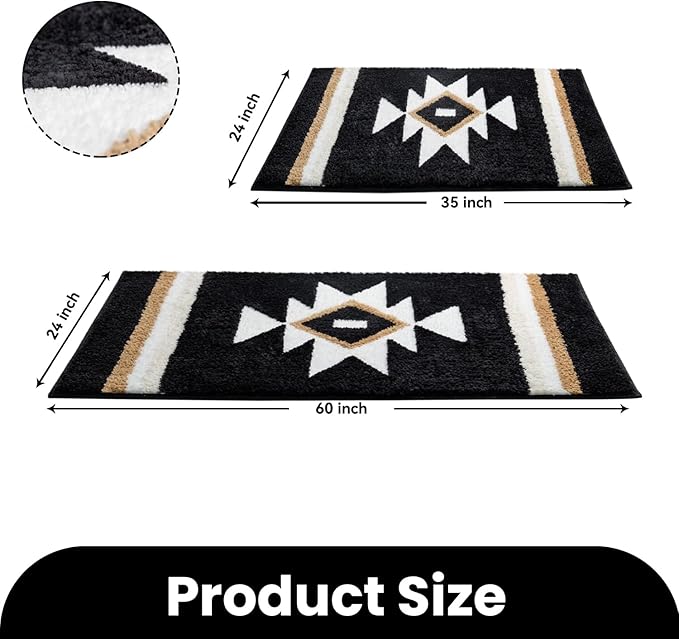 Boho Bathroom Rugs Runner Black Non Slip Bath Mat Geometric Long Soft Absorbent Large Carpet for Entryway Kitchen Shower Farmhouse Decor 24x60